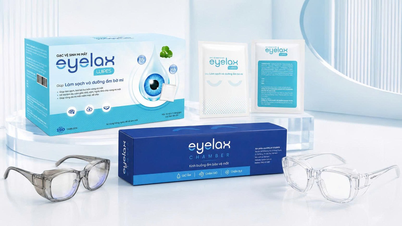 Bộ sản phẩm chăm sóc mắt Eyelax — Eyelax Protective, Eyelax Chamber và Eyelax Wipes